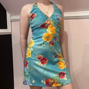 y2k blue floral print halter mini dress small